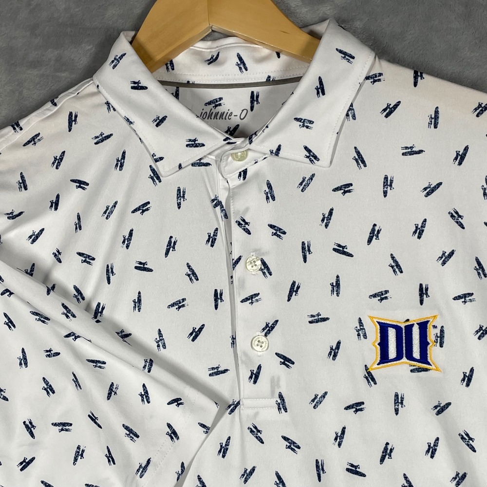 Johnnie-O Mens DU University Performance Polo Shirt White Surfer Print Large